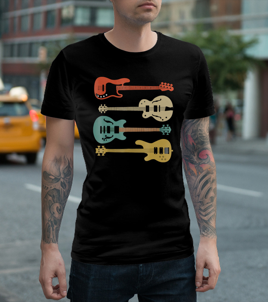 Vintage Retro Bass Guitar Bassist Player Colorful Guitar Collection T-Shirt