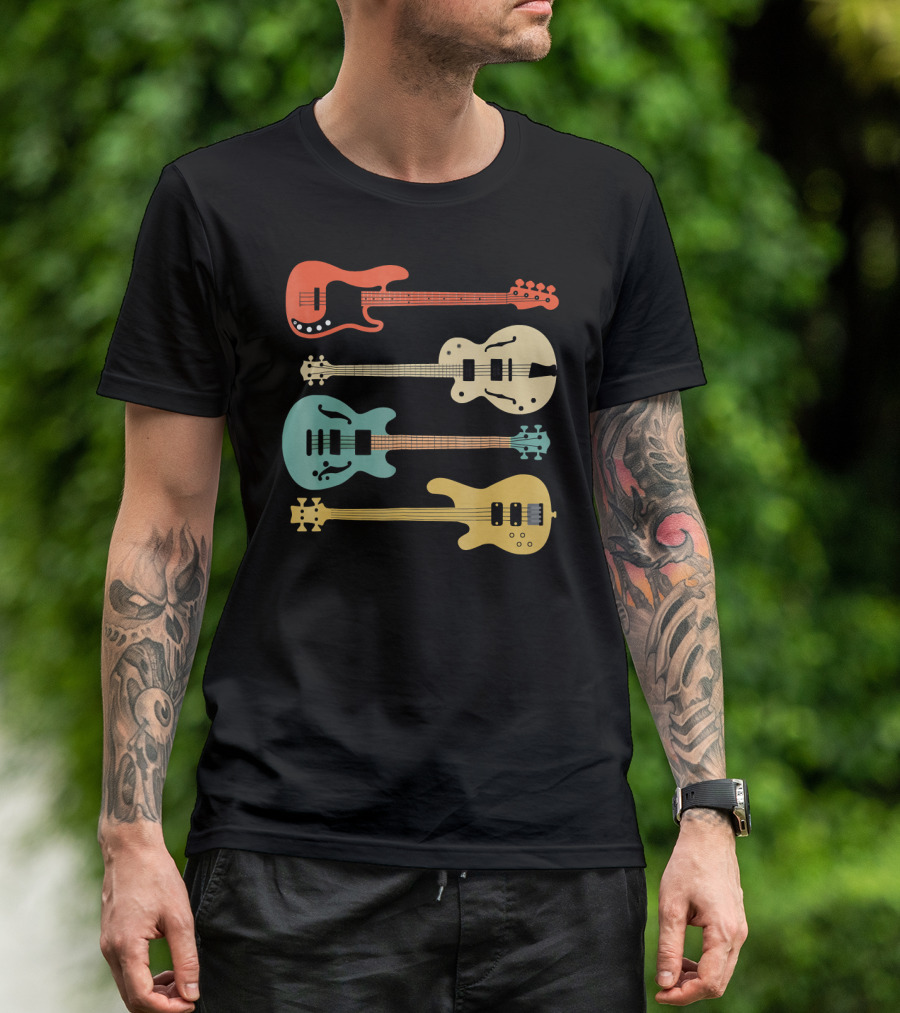 Vintage Retro Bass Guitar Bassist Player Colorful Guitar Collection T-Shirt