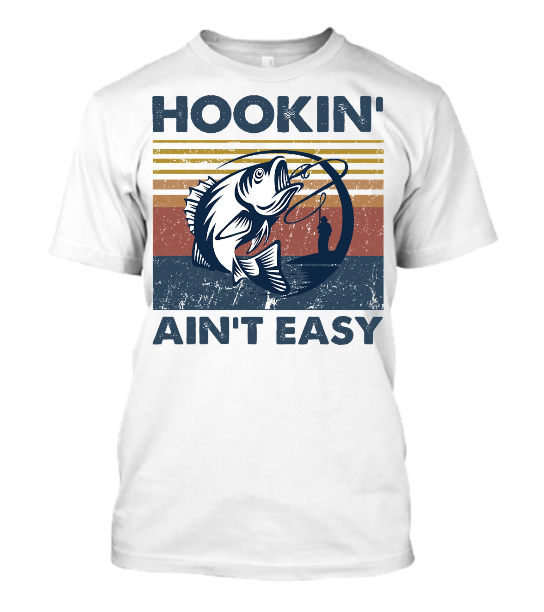 Hookin' Ain't Easy Vintage Fishing Graphic With Striped Sunset And Angler T-Shirt
