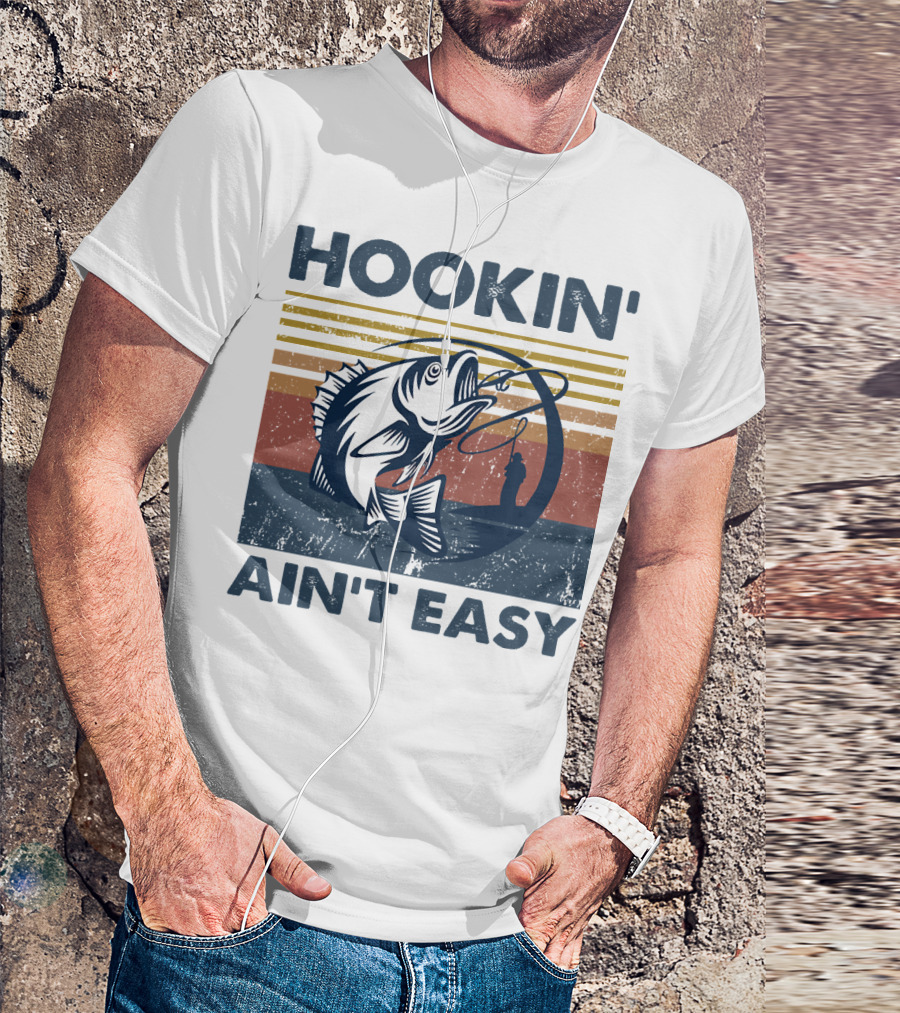 Hookin' Ain't Easy Vintage Fishing Graphic With Striped Sunset And Angler T-Shirt