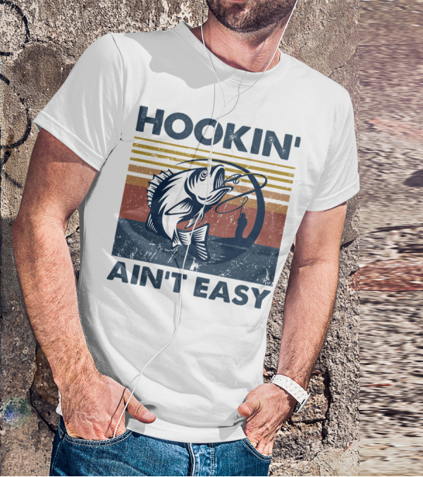 Hookin' Ain't Easy Vintage Fishing Graphic With Striped Sunset And Angler T-Shirt