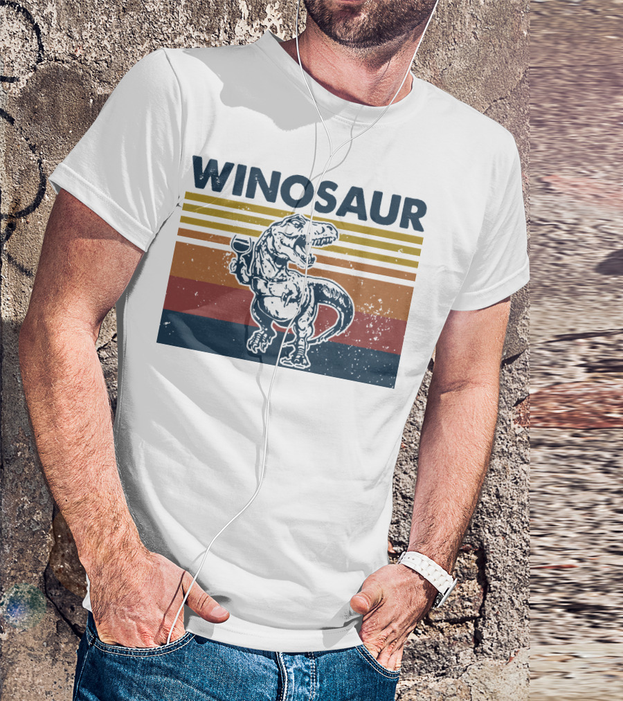 Winosaur Dinosaur With Wine Glass Retro Stripes T-Shirt