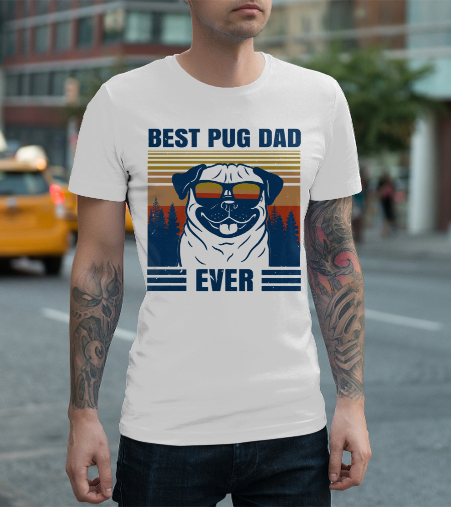 Best Pug Dad Ever Vintage Sunset Forest Retro T-Shirt