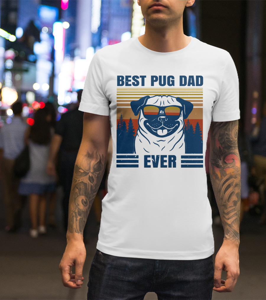 Best Pug Dad Ever Vintage Sunset Forest Retro T-Shirt