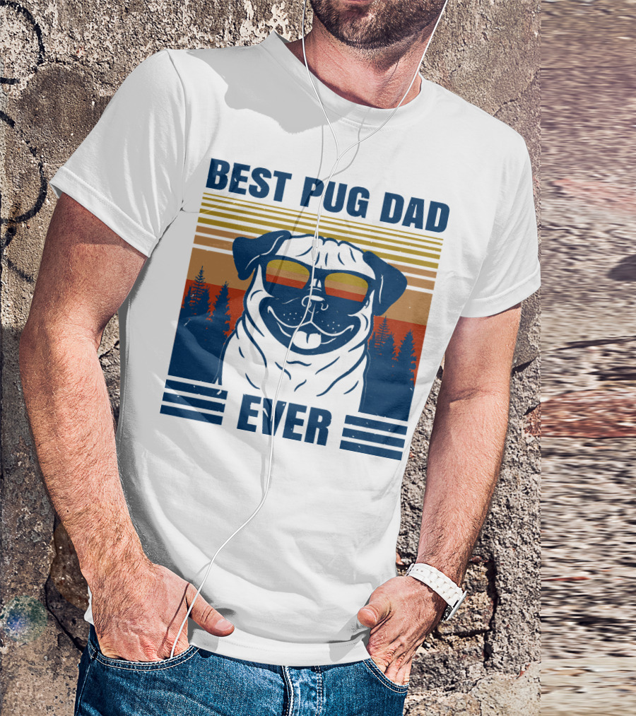 Best Pug Dad Ever Vintage Sunset Forest Retro T-Shirt
