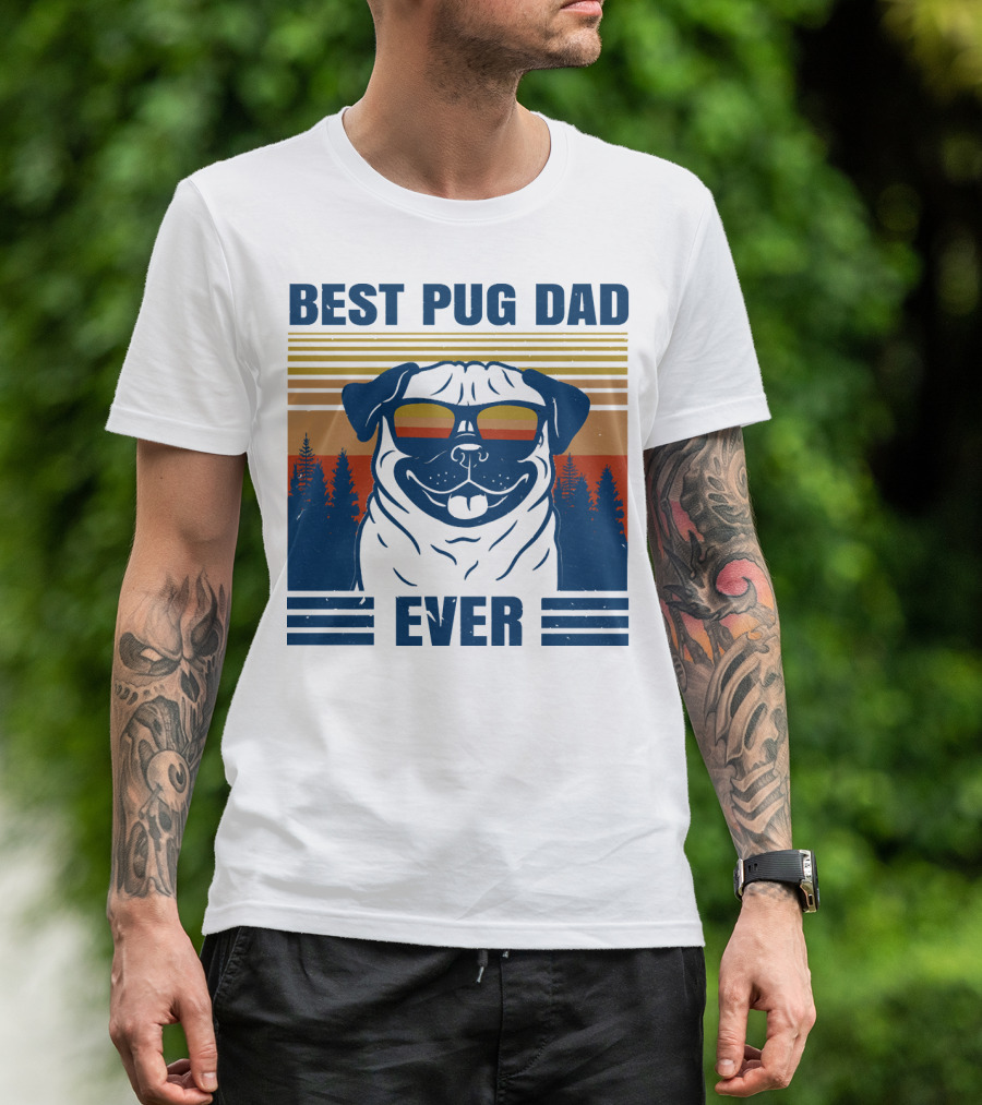 Best Pug Dad Ever Vintage Sunset Forest Retro T-Shirt