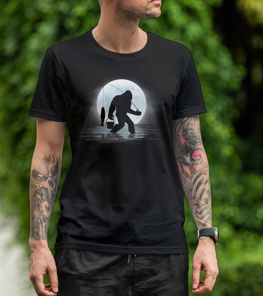 Moonlit Bigfoot Sasquatch Fishing Adventure Night T-Shirt