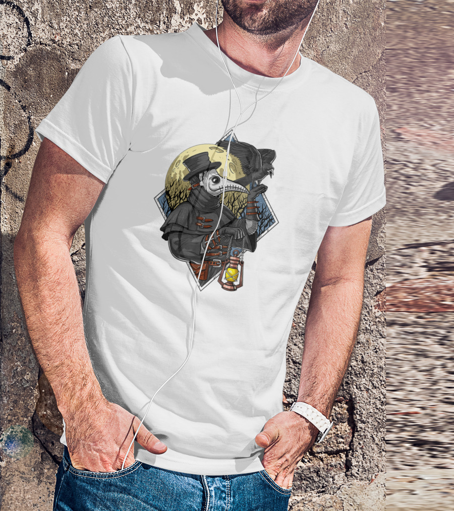 Plague Doctor Steampunk Raven Medieval Lantern Moonlit Forest T-Shirt