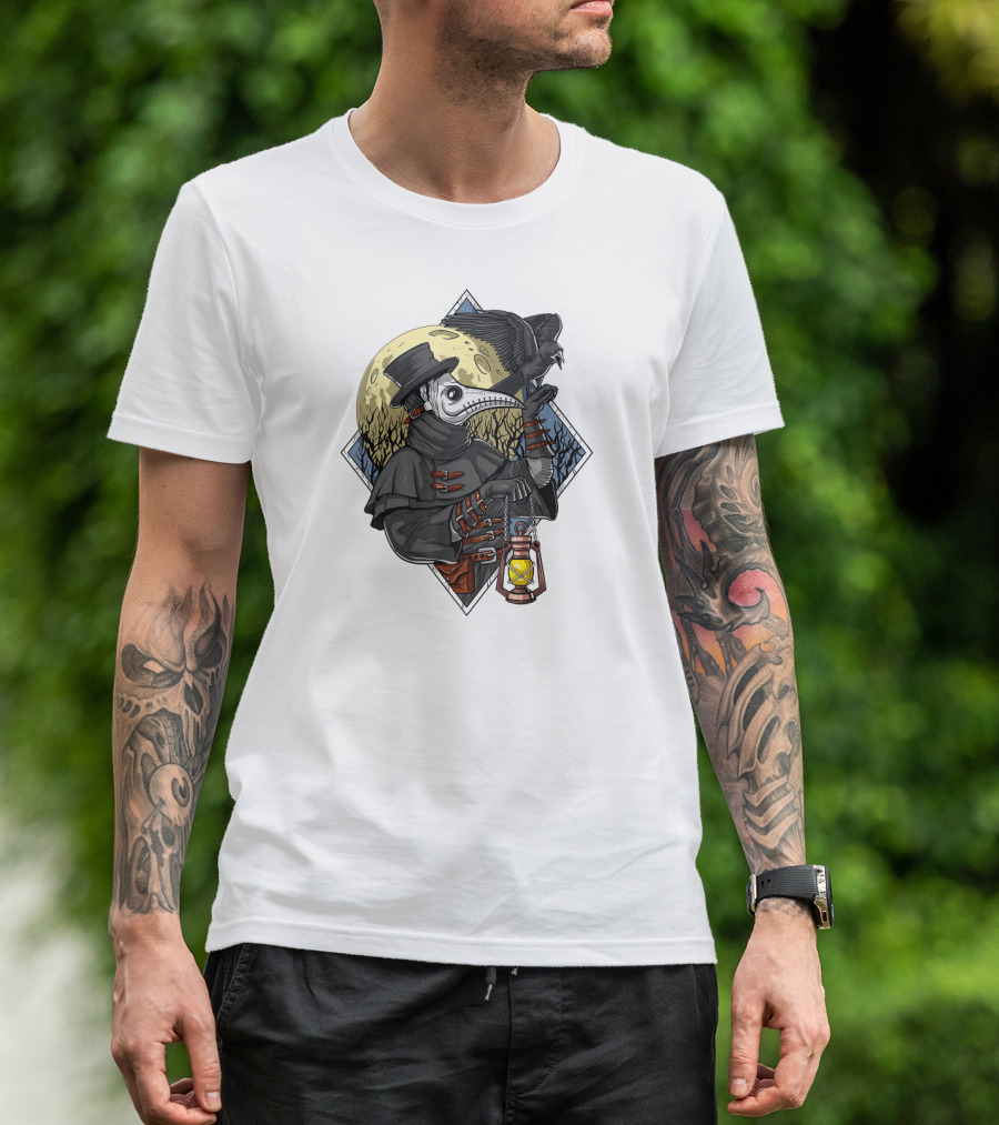 Plague Doctor Steampunk Raven Medieval Lantern Moonlit Forest T-Shirt