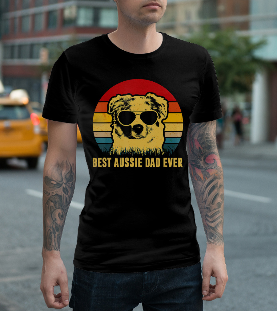 Best Aussie Dad Ever Vintage Dog Sunglasses Retro Stripes T-Shirt