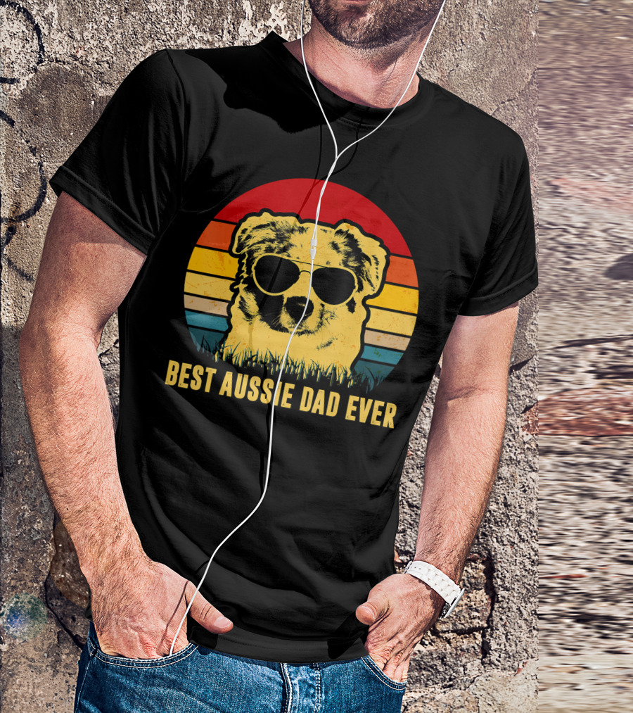 Best Aussie Dad Ever Vintage Dog Sunglasses Retro Stripes T-Shirt