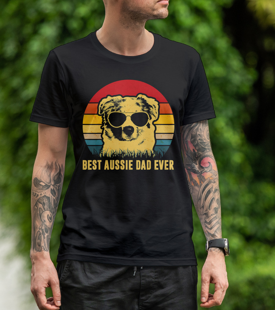 Best Aussie Dad Ever Vintage Dog Sunglasses Retro Stripes T-Shirt