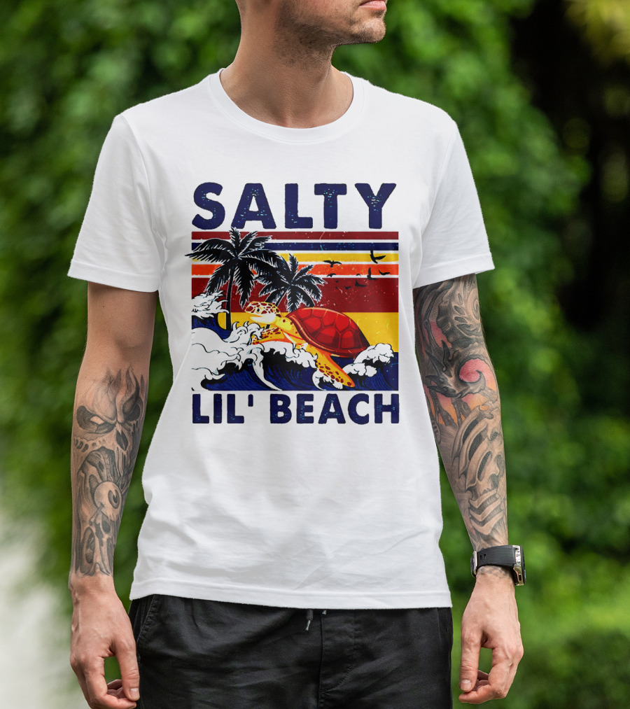Salty Lil Beach Turtle Vintage Summer Retro Waves And Palms T-Shirt