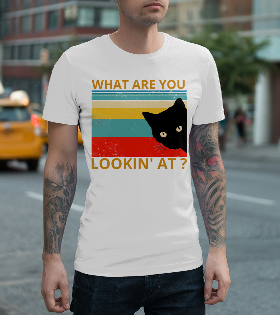 WHAT ARE YOU LOOKIN' AT BLACK CAT VINTAGE STRIPES T-Shirt