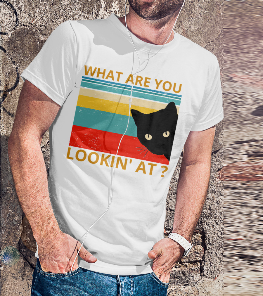 What Are You Lookin' At Black Cat Vintage Stripes T-Shirt