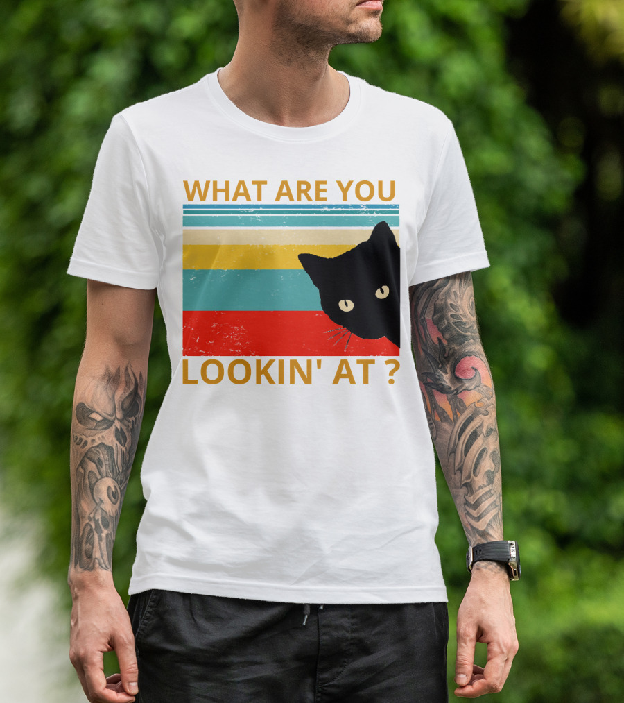 What Are You Lookin' At Black Cat Vintage Stripes T-Shirt