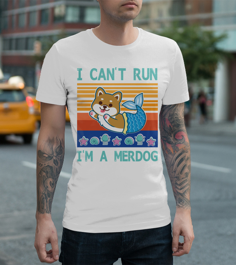 Mermaid Corgi I Can't Run I'm A Merdog with Starfish and Seashells T-Shirt