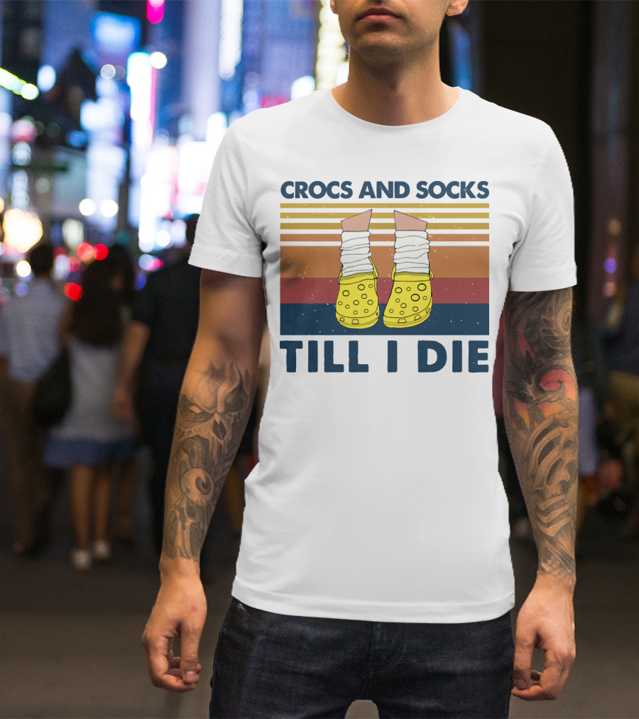 Crocs And Socks Till I Die Yellow Footwear Retro Stripes T-Shirt