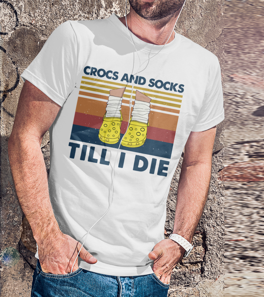 Crocs And Socks Till I Die Yellow Footwear Retro Stripes T-Shirt