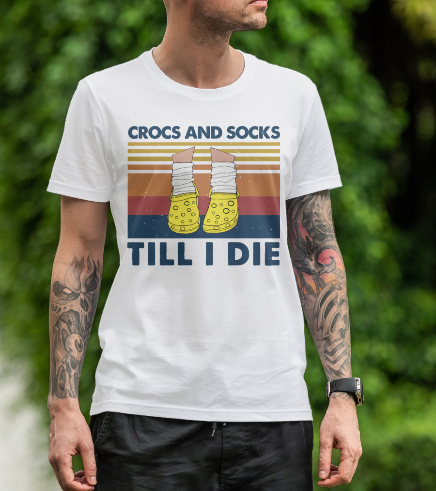 Crocs And Socks Till I Die Yellow Footwear Retro Stripes T-Shirt