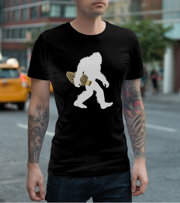 Bigfoot Silhouette Carrying Morel Mushroom T-Shirt