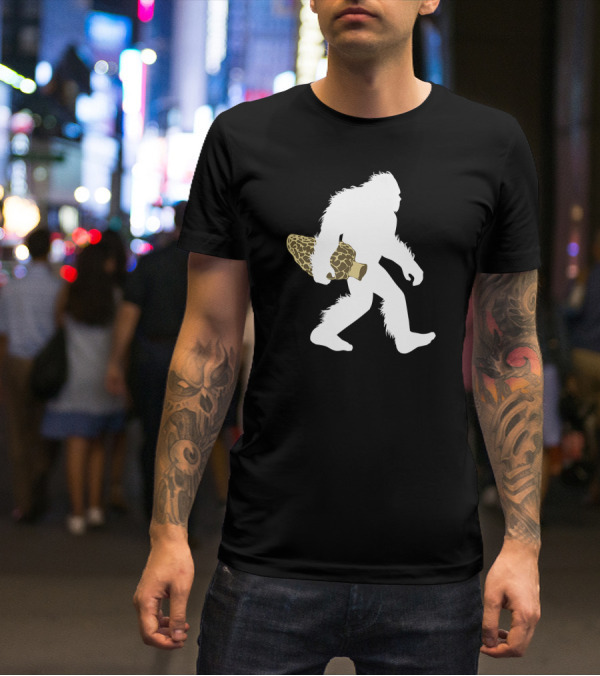 Bigfoot Silhouette Carrying Morel Mushroom T-Shirt