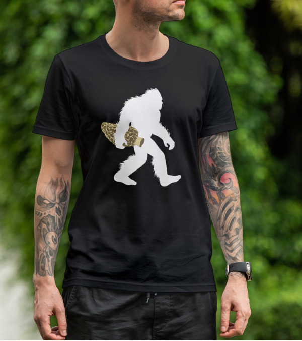 Bigfoot Silhouette Carrying Morel Mushroom T-Shirt