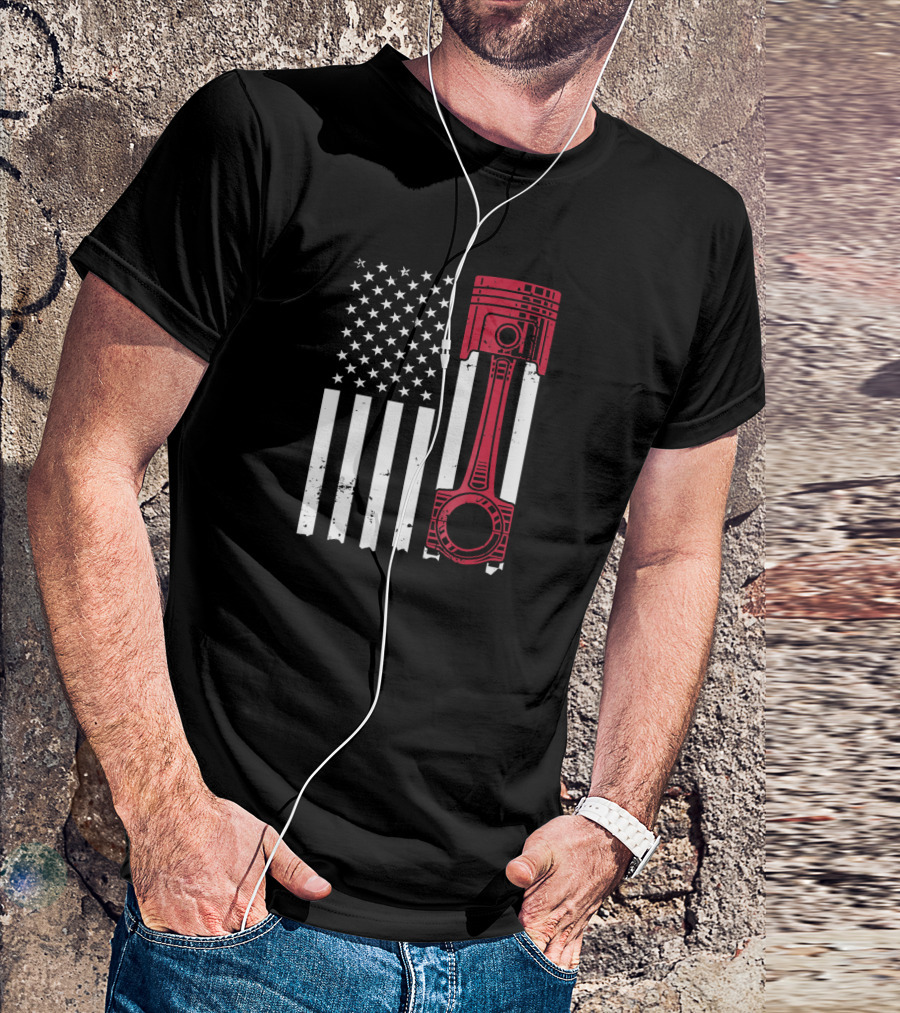 American Flag Piston Car Enthusiast Muscle T-Shirt