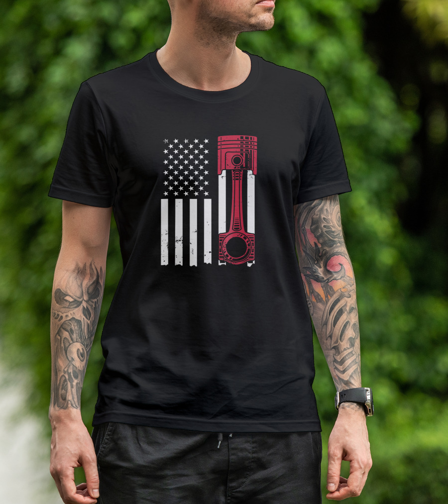 American Flag Piston Car Enthusiast Muscle T-Shirt