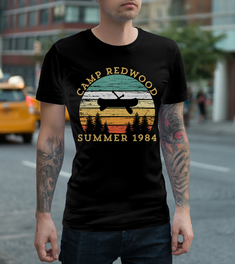 Camp Redwood Summer 1984 Retro Vintage Canoe and Trees T-Shirt