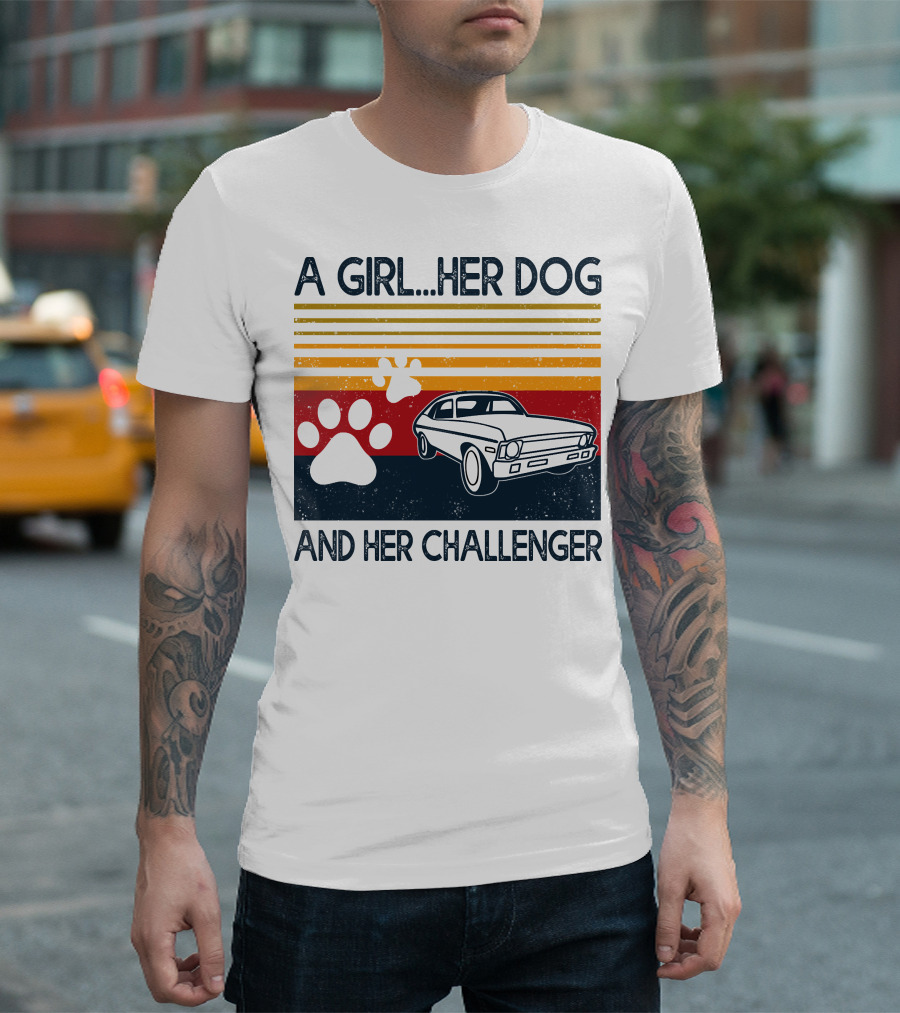 A Girl Her Dog And Her Challenger Vintage Car with Paw Prints T-Shirt