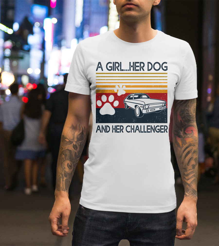 A Girl Her Dog And Her Challenger Vintage Car With Paw Prints T-Shirt