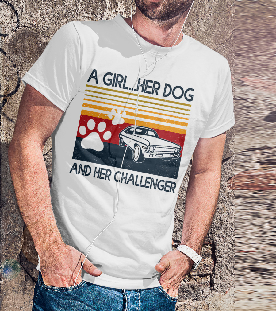 A Girl Her Dog And Her Challenger Vintage Car With Paw Prints T-Shirt