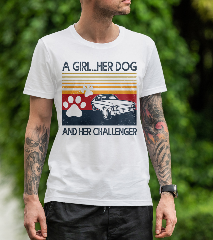 A Girl Her Dog And Her Challenger Vintage Car With Paw Prints T-Shirt