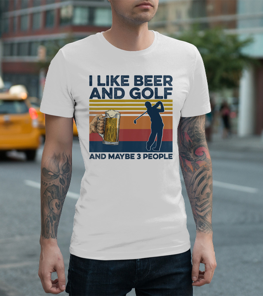 I Like Beer And Golf Maybe 3 People Retro Silhouette With Beer Mug T-Shirt