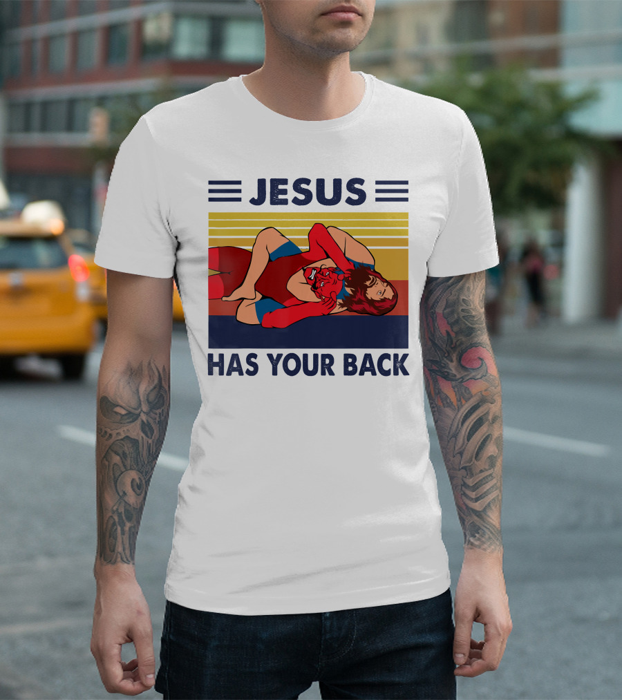 Jesus Wrestling JSatan Retro Style Has Your Back T-Shirt
