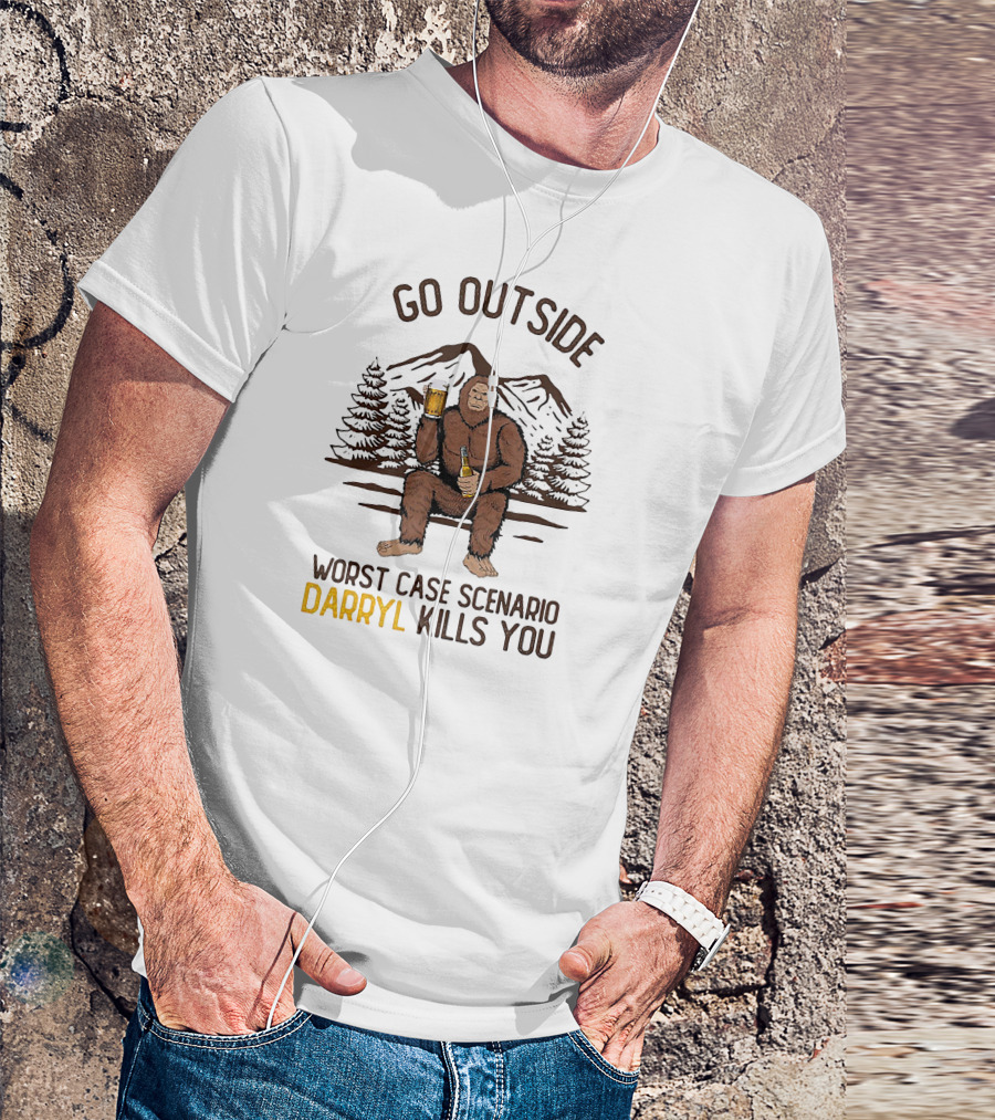 Go Outside Worst Case Scenario Darryl Kills You Bigfoot Holding Beer In Forest Mountain Scene T-Shirt