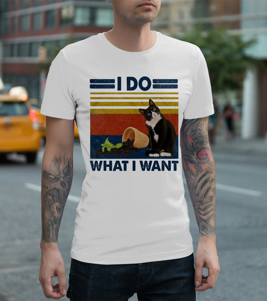 Tuxedo Kitty I Do What I Want Retro Stripes Plant Cup Soil T-Shirt