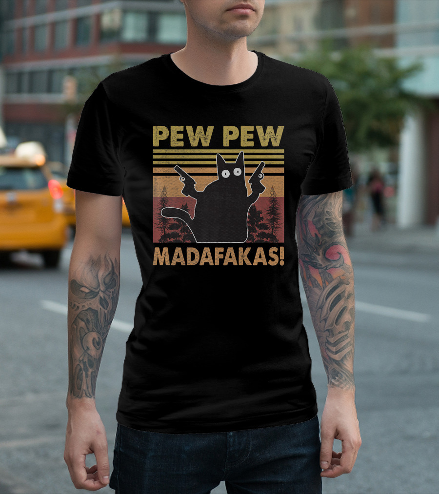 Pew Pew Madafakas Cat Vintage Retro Sunset Forest T-Shirt