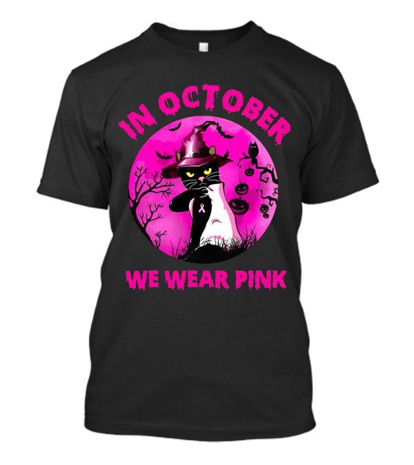 In October We Wear Pink Black Cat Witch Hat Pumpkin Breast Cancer Awareness T-Shirt