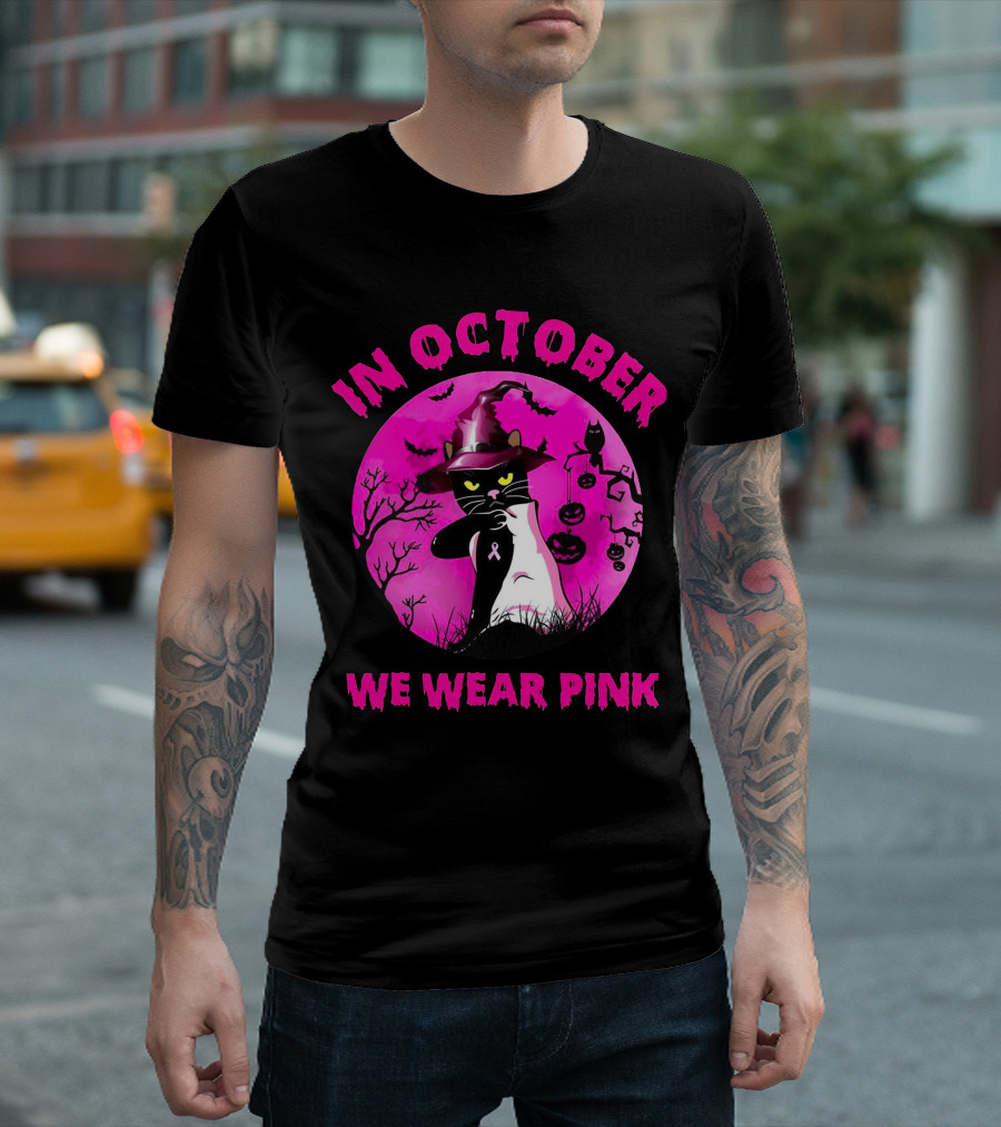 In October We Wear Pink Black Cat Witch Hat Pumpkin Breast Cancer Awareness T-Shirt