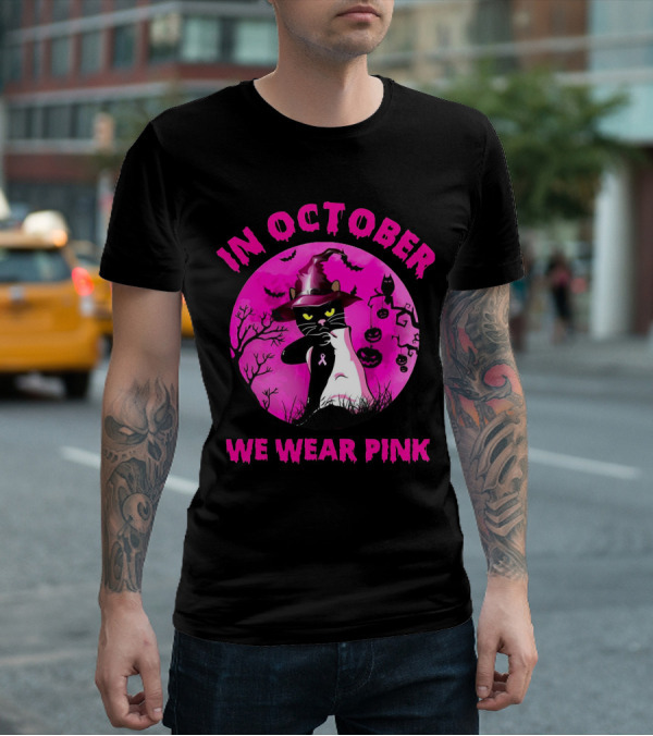 In October We Wear Pink Black Cat Witch Hat Pumpkin Breast Cancer Awareness T-Shirt
