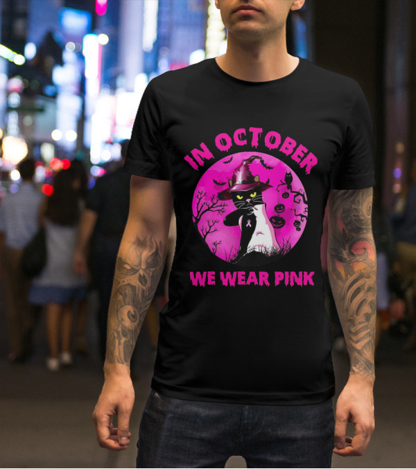 In October We Wear Pink Black Cat Witch Hat Pumpkin Breast Cancer Awareness T-Shirt