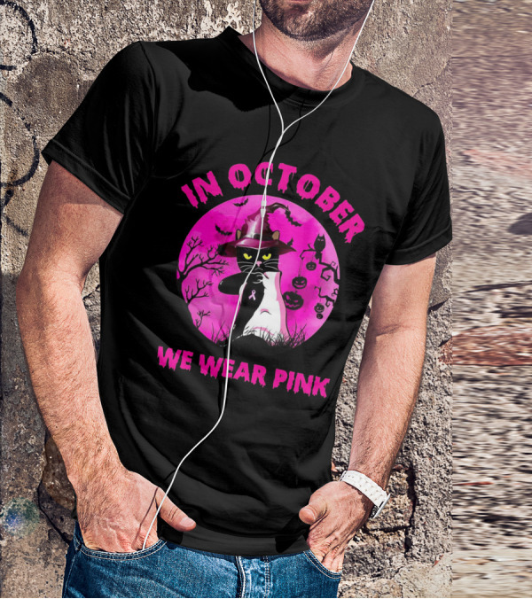 In October We Wear Pink Black Cat Witch Hat Pumpkin Breast Cancer Awareness T-Shirt