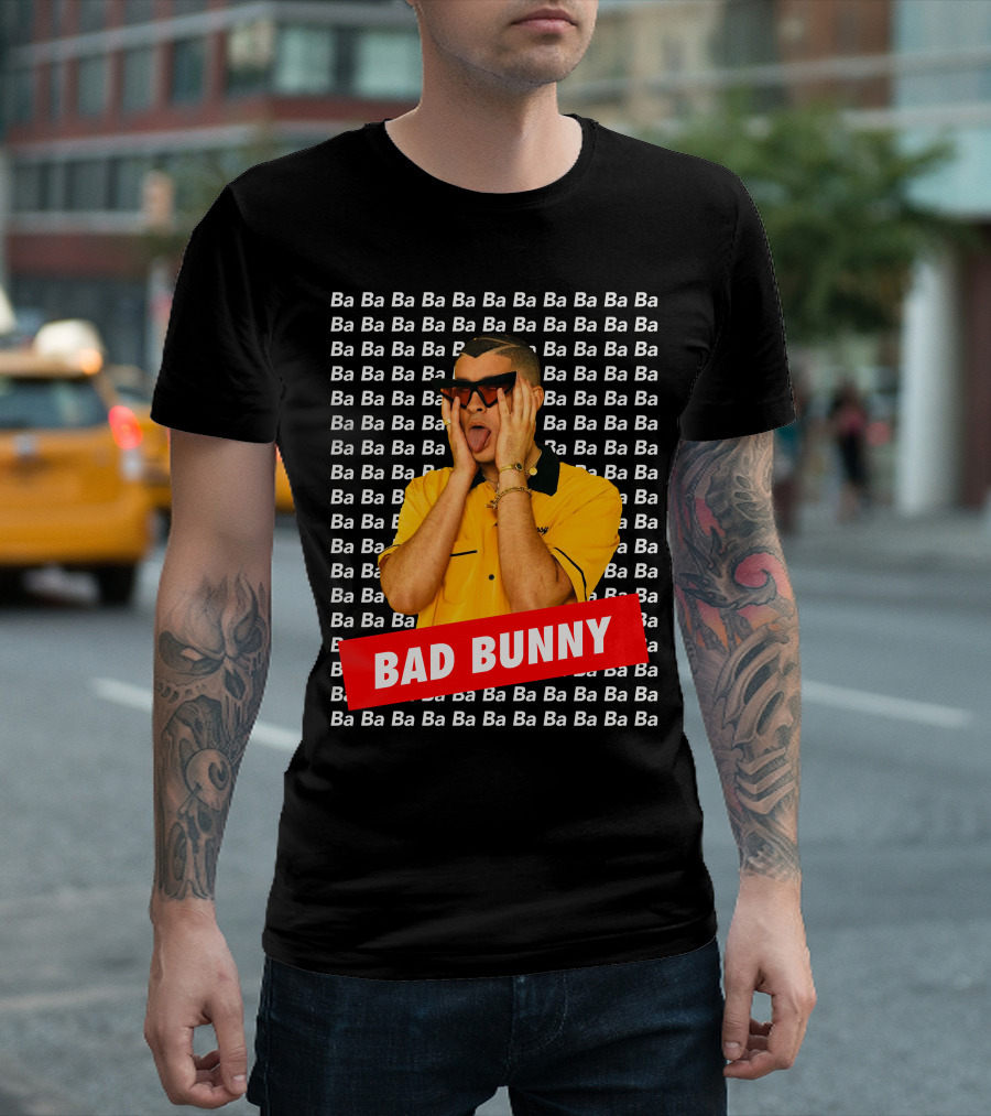 BAD BUNNY Ba Ba Ba Pattern Yellow Shirt Sunglasses T-Shirt