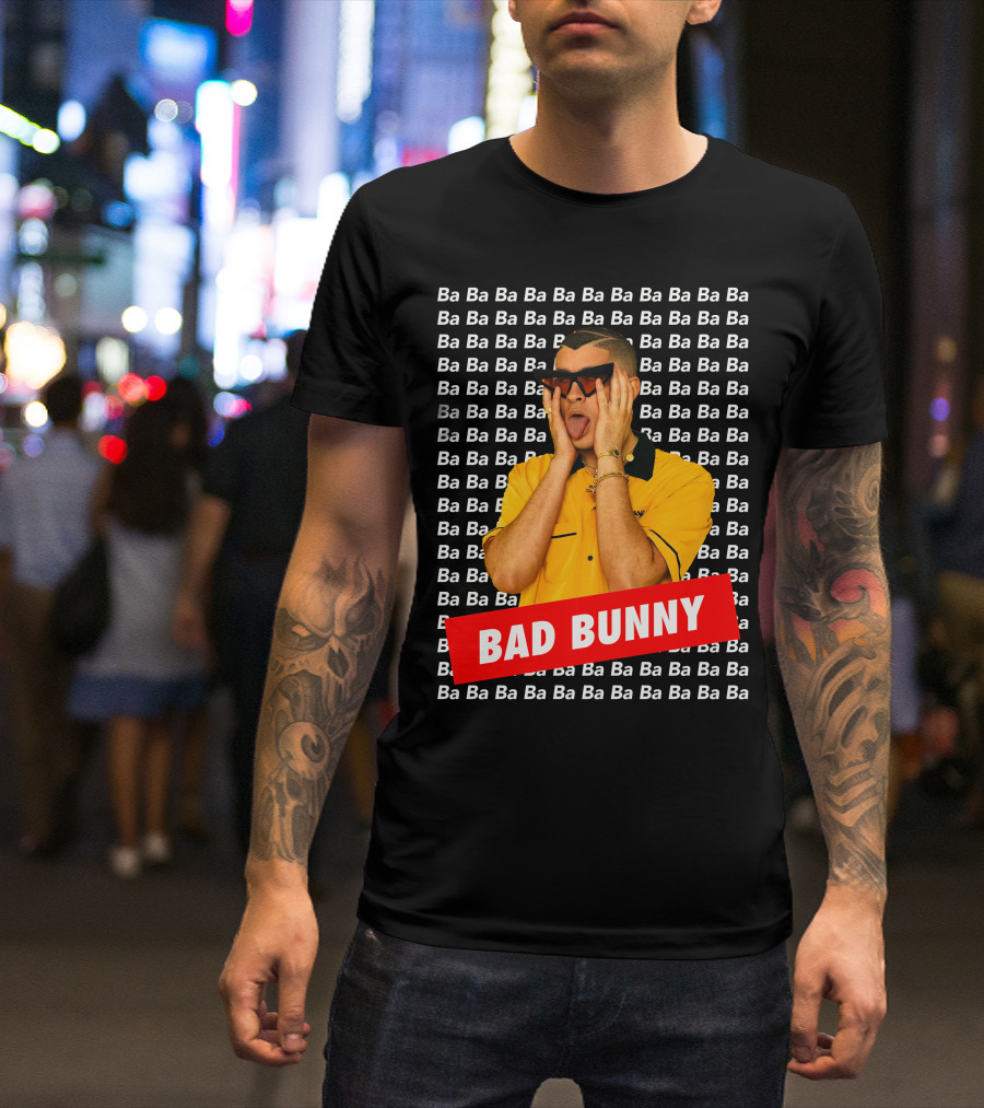 BAD BUNNY Ba Ba Ba Pattern Yellow Shirt Sunglasses T-Shirt