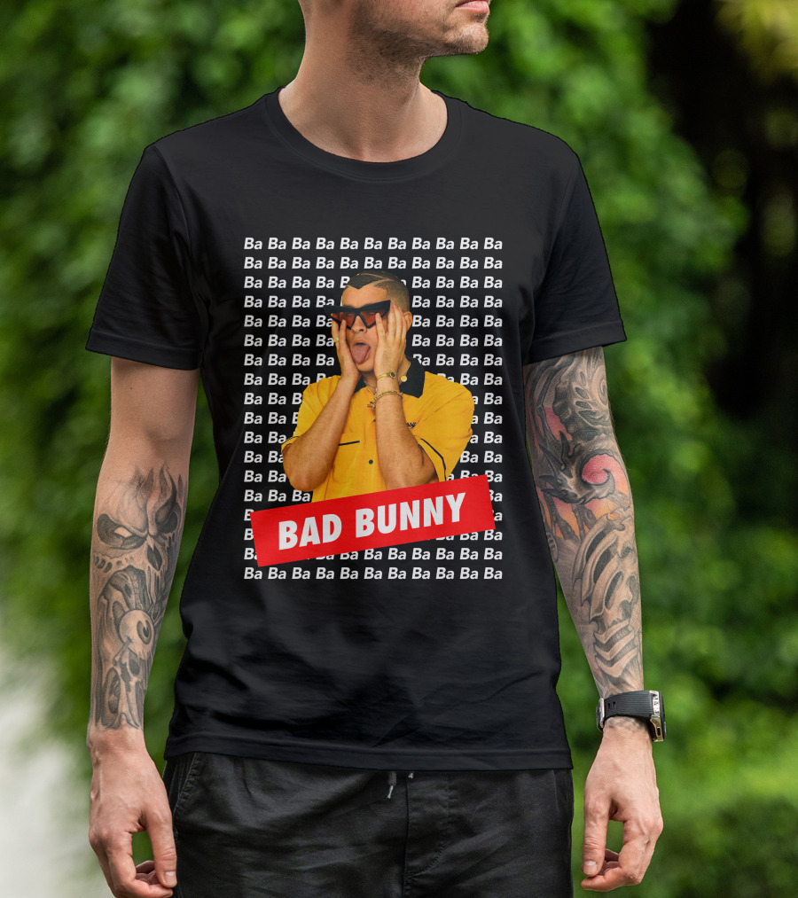 BAD BUNNY Ba Ba Ba Pattern Yellow Shirt Sunglasses T-Shirt