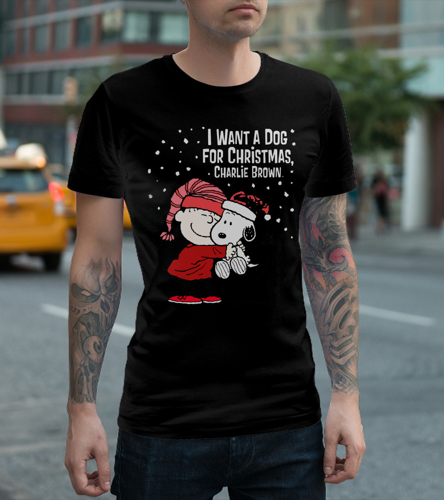 I Want a Dog for Christmas Charlie Brown Snoopy Hugging Linus Snow Scene T-Shirt