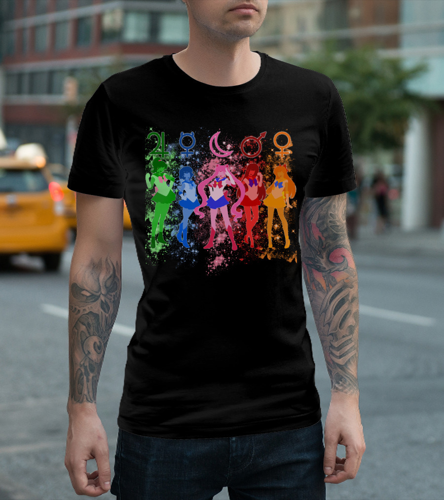 Sailor Moon The Inner Senshi with Planetary Symbols and Colorful Cosmic Background T-Shirt