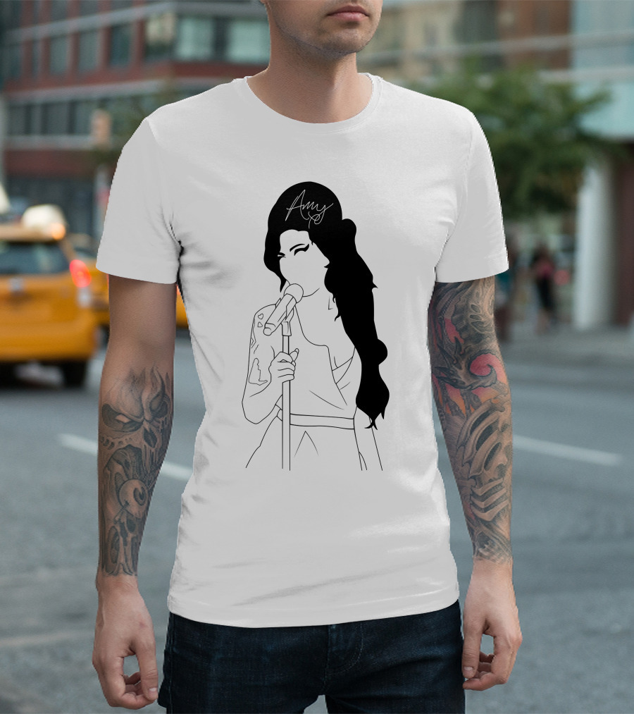 Amy Winehouse Line Art With Signature Mic Pose T-Shirt